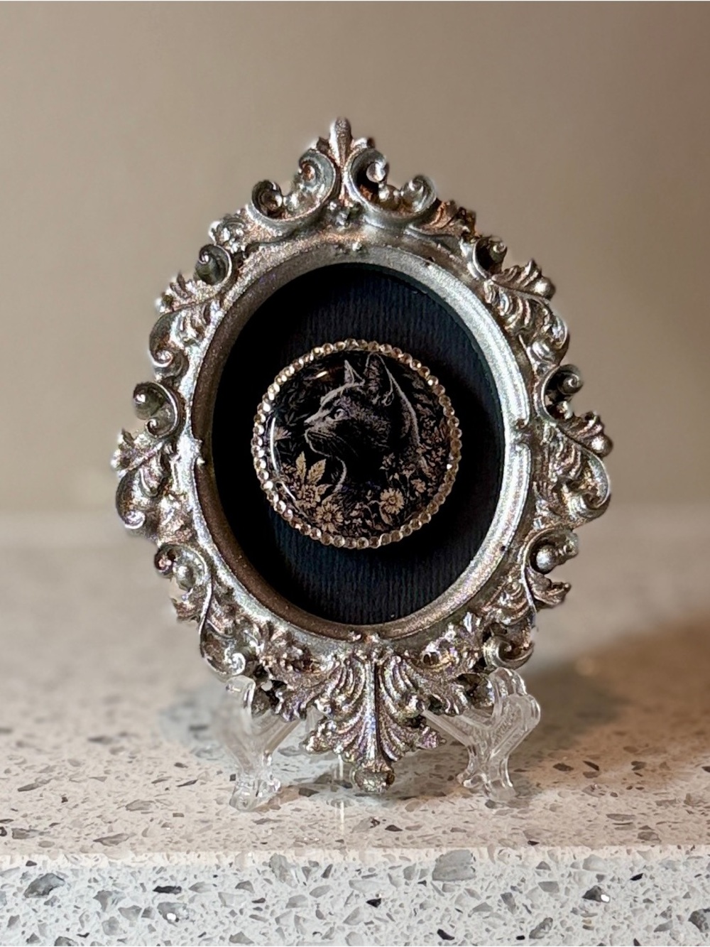 Tiny Gothic Black Cat Framed Art Crystal Halo Miniature Decor - Picture 4 of 6